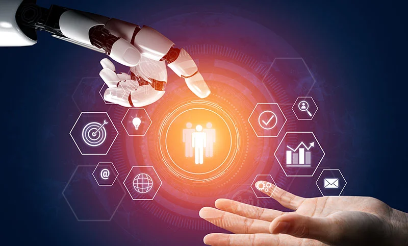 Agentic AI - Image with a robot hand touching a user-centered diagram