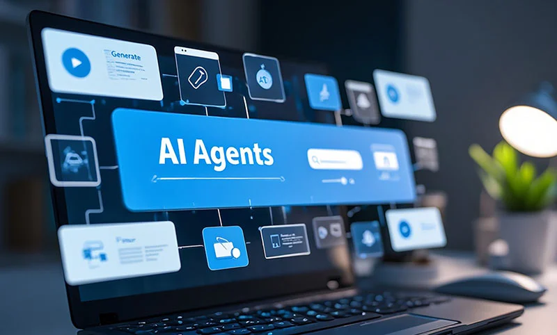Agentic AI - Image with a laptop and AI Agents large title and other floating boxes