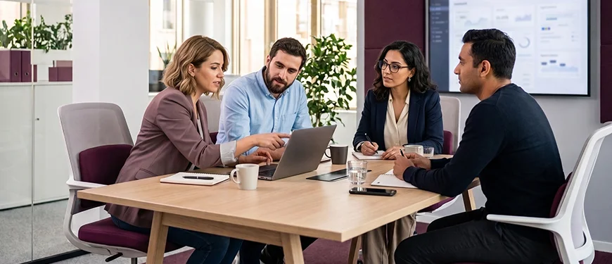 A modern technology team in a bright contemporary office; professionals actively discussing a project; realistic Middle Eastern/international workplace.